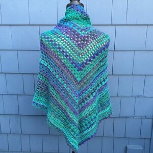 Multicolor Crochet Poncho wrap drape shawl purple green teal blue